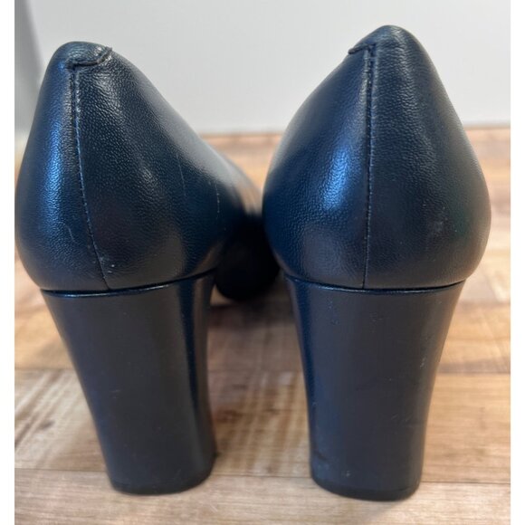 Navy Leather SRO Womens Classic Square-Toe Block Heel Pumps 8M - Picture 4 of 5